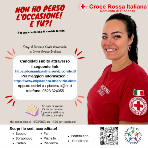 SERVIZIO CIVILE UNIVERSALE con CROCE ROSSA ITALIANA  fra le sedi accreditate anche Rottofreno   - Domande on line entro il 10 febbraio ore 14.00